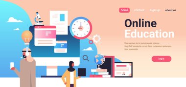 Arapça çift becerikli alet analiz online eğitim kavramı Arap adam kadın portre düz yatay banner kopya alanı kullanarak