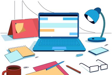 yaratıcı office ev işyeri dizüstü lamba smartphone takvim gözlük sayfa Not Sabit Resepsiyon iş öğeleri yatay düz vektör çizim kağıt
