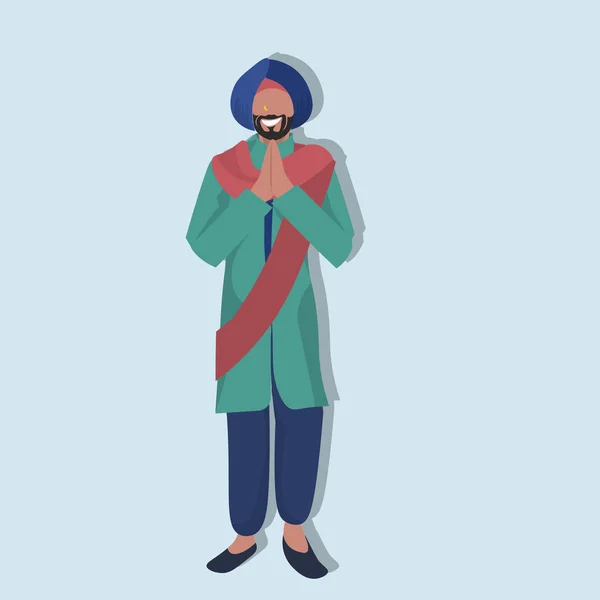 ชายอินเดียยืนอธิษฐานในเสื้อผ้าแบบดั้งเดิมแห่งชาติตัวละครการ์ตูนชายเต็มความยาวแบน — ภาพเวกเตอร์สต็อก