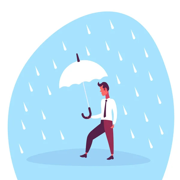 Affärsman som innehar paraply under regn finans skyddat koncept platta seriefigur — Stock vektor