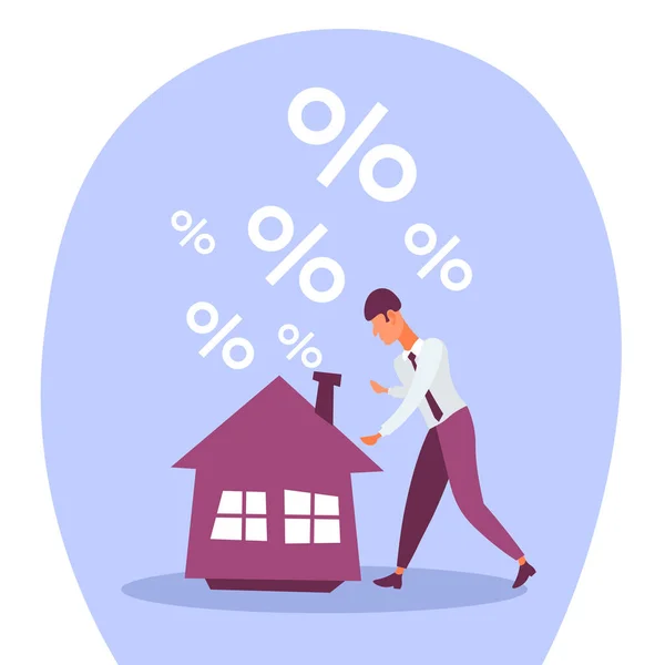 Business man mortgage house credit percent crisis loan debt from bank finance problem solution concept flat cartoon character — стоковый вектор