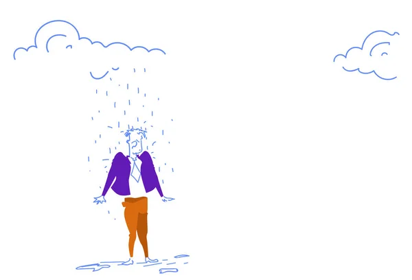 Uomo d'affari in piedi sotto la pioggia nuvola giorno piovoso problema non protetto concetto di crisi orizzontale schizzo doodle — Vettoriale Stock