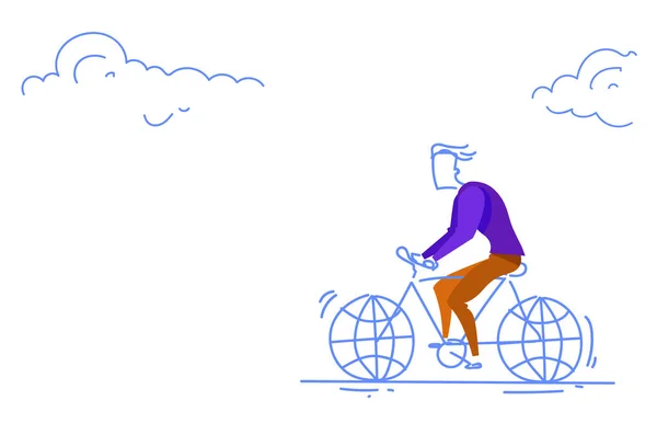 Biznesmen jazda glob koło rower biznes ekologia koncepcja szkic poziome doodle — Wektor stockowy