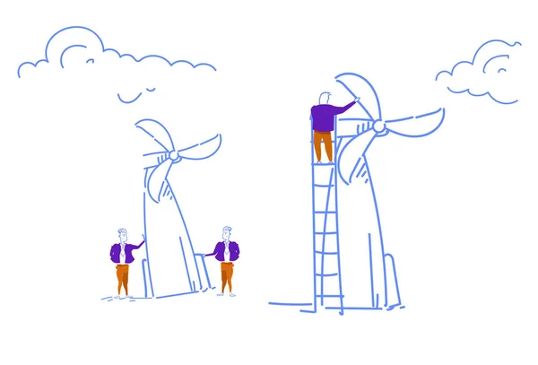 商人扭风涡轮塔能量回收技术团队工作理念素描涂鸦水平 — 图库矢量图片