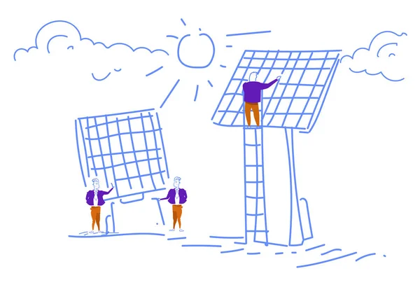 男士安装太阳能电池板替代能源业务团队工作流程概念素描涂鸦水平 — 图库矢量图片