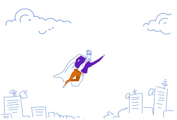 Başlangıç konsept cityscape arka plan takım lider karakter kroki doodle yatay uçan işadamı giyinmiş süper kahraman pelerin — Stok Vektör