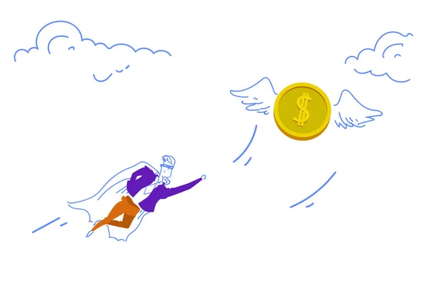 Hombre Negocios Vestido Capa Superhéroe Volando Moneda Dólar Dinero Riqueza — Vector de stock