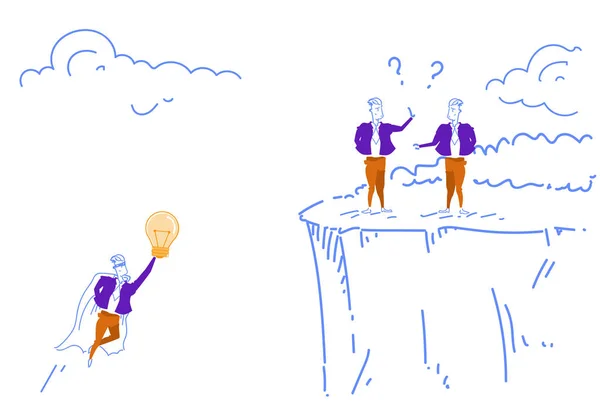 Podnikatel oblečený superhrdina zavlálo nahoru kolektivů světlo lampy inovace kreativní pomoc stojící cliff otazníky koncept úspěšného týmu práce spolupráce charakter skica doodle — Stockový vektor