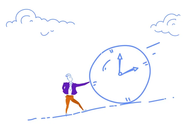 Empresario celebración reloj rodando abajo plazo tiempo nanagement concepto problema solución doodle bosquejo — Archivo Imágenes Vectoriales