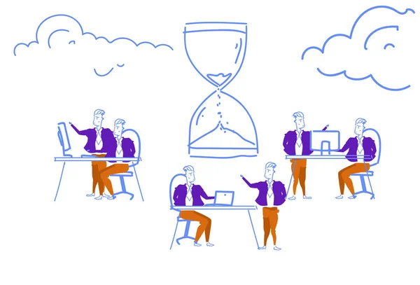 비즈니스 사람들이 열심히 마감 시간 관리 개념 모래 시계 아이콘 팀웍 브레인스토밍 과정 가로 스케치 낙서 — 스톡 벡터