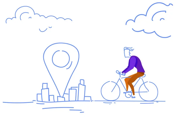 Işadamı binme bisiklet hedef coğrafi etiket konumu kavramı cityscape arka plan adam sağlıklı yaşam ekolojik şehir ulaşım yatay kroki doodle — Stok Vektör