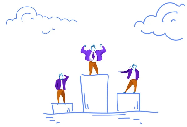 Επιχειρηματίας στέκεται βάθρο ανταγωνισμό των επιχειρήσεων πρώτη θέση έννοια ηγέτης νίκη επιτυχημένης εργασίας στρατηγική σκίτσο doodle οριζόντια — Διανυσματικό Αρχείο