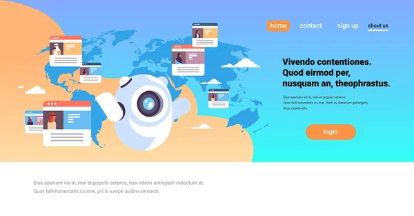 Robot chatbot mensajero en línea global árabe gente comunicación aplicación concepto sobre mapa del mundo plano horizontal espacio de copia — Vector de stock