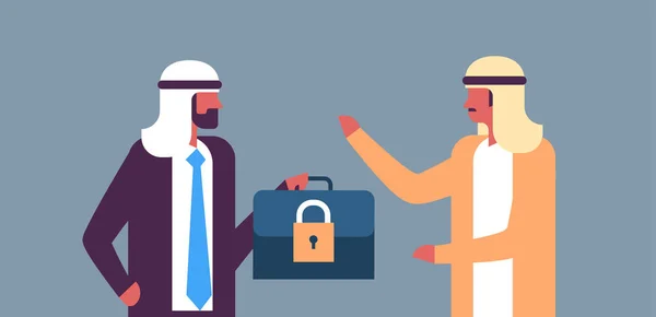 阿拉伯商人持有案例挂锁安全 Gdpr 一般数据保护规则概念平水平灰色背景 — 图库矢量图片