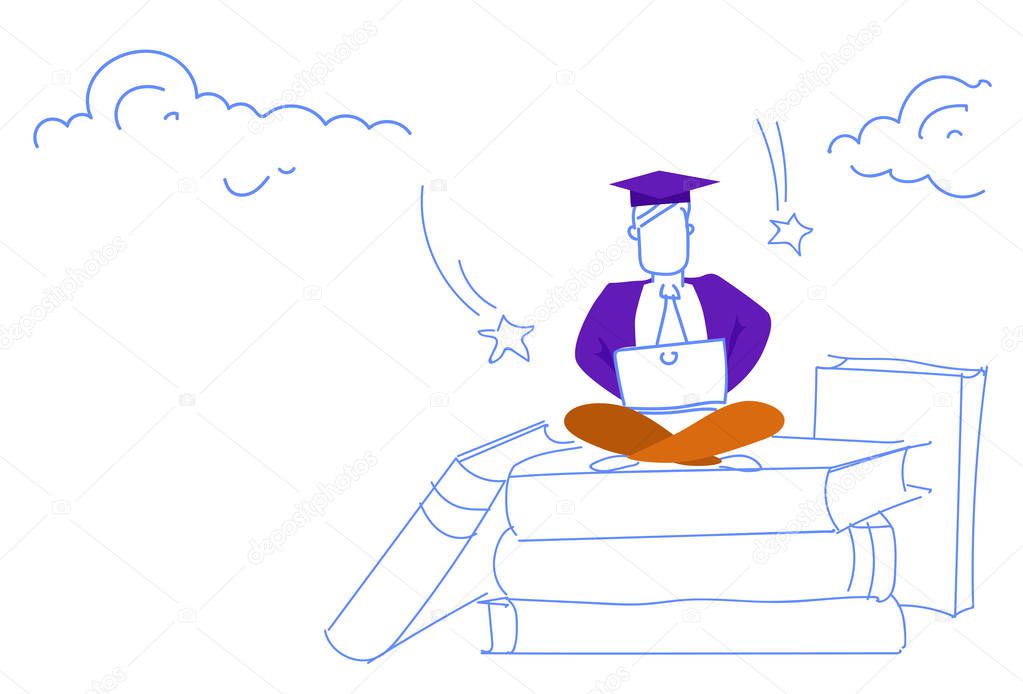 man sitting lotus pose book stack using laptop successful online education concept student graduation cap studying process sketch doodle horizontal