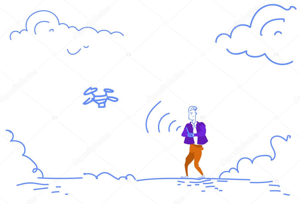 Man hold remote control launching drone flying air quadrocopter sketch doodle horizontal