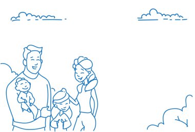 Baba Anne iki çocuk oğlu kızı mutlu aile kavramı kroki doodle el çizilen portre yatay bebeğim