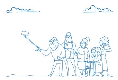 Selfie fotoğraf çekme grubu üst düzey insanlar öz Büyükbaba Büyükanne eski arkadaş kroki doodle el çizilmiş yatay sopa