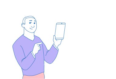 Modern dijital cep akıllı telefon mobil uygulama çevrimiçi iletişim kavramı erkek karakter portre yatay kroki doodle tutan adam