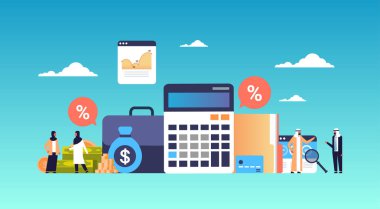 Arap iş adamları finans analiz hesap makinesi çalışma birlikte büyüme zenginlik kavram düz yatay grafik