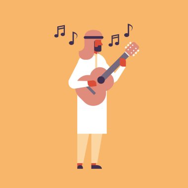 Arap adam gitar müzik sokak performansı kavramı müzikal gösteri erkek çizgi film karakteri düz tam uzunlukta oynarken