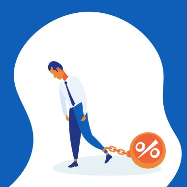 işadamı çekerek zinciri bağlı bacak kredi borç yüzde bomba finans krizi sorun çözüm kavramı düz erkek çizgi film karakteri