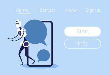 Sohbet bot mobil uygulama ekran kabarcık robot sanal yardım messenger destek yapay zeka kavramı düz yatay kopya alanı