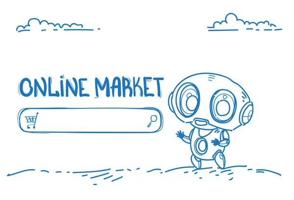 Moderní robot online trh webové stránky bot pomocníka e nakupování obchod koncept umělé inteligence horizontální skici ručně kreslenou doodle — Stockový vektor