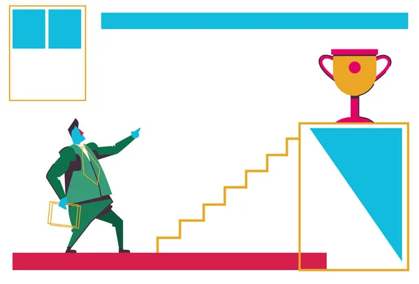 Empresário olhando escada pódio ouro troféu copo primeiro lugar campeão negócio motivação conceito empresário carreira vencedor estratégia horizontal — Vetor de Stock
