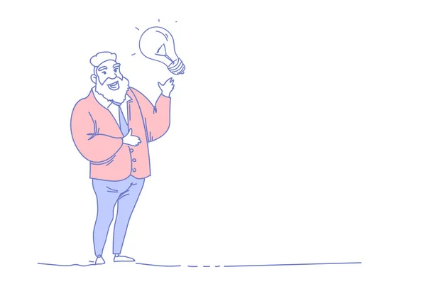 Empresário sênior segurar luz lâmpada nova ideia inovação conceito criativo homem de negócios inspiração isolado comprimento total horizontal esboço doodle — Vetor de Stock