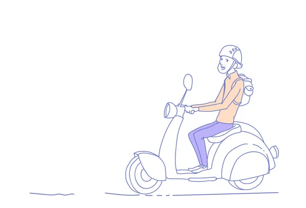 Joven montando scooter eléctrico vintage motocicleta aislado hombre carácter boceto garabato horizontal — Archivo Imágenes Vectoriales