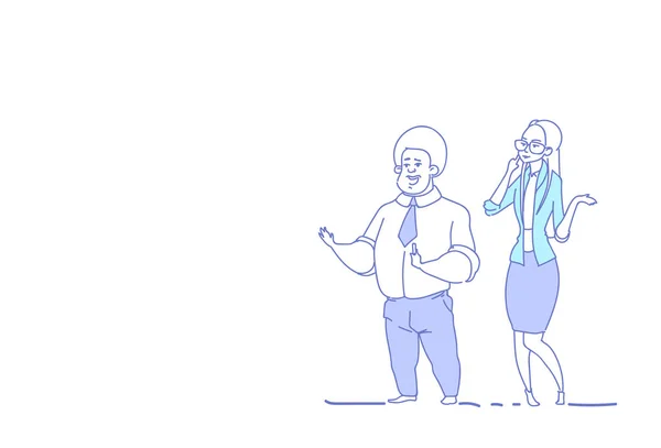 Επαγγελματίες ζευγάρι brainstorming άνδρας γυναίκα συνεργάτες επικοινωνίας έννοια οριζόντια σκίτσο doodle απομονωμένες — Διανυσματικό Αρχείο