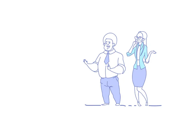 Pareja de negocios lluvia de ideas hombre mujer compañeros de trabajo concepto de comunicación horizontal bosquejo garabato aislado — Vector de stock