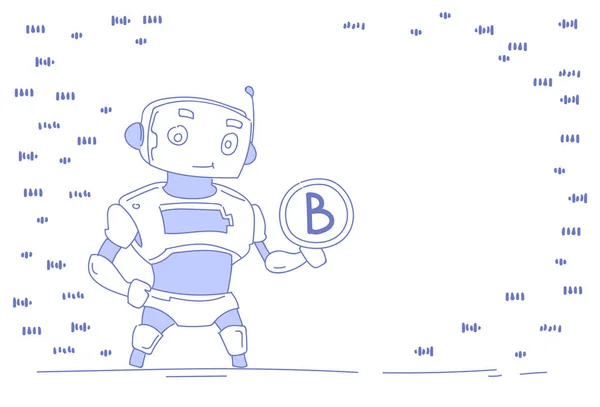 Moderní robota drží bitcoin virtuální peníze bohatství růst umělé inteligence koncepce bot pomocníka těžby šifrovací měny, samostatný doodle skica vodorovné bílé pozadí — Stockový vektor