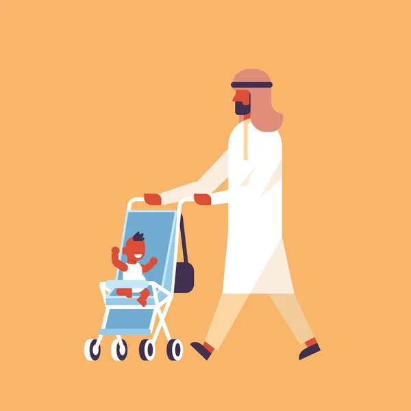 Arabic man walking baby stroller happy family concept arab father newborn child pram cartoon character flat full length — Stock Vector