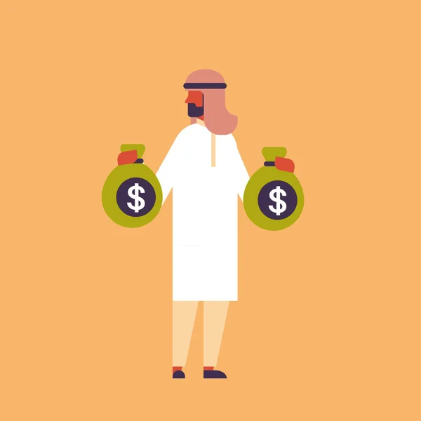 Arabe homme d'affaires tenant des sacs d'argent croissance richesse épargne concept arabe homme riche personnage de dessin animé plat pleine longueur — Image vectorielle