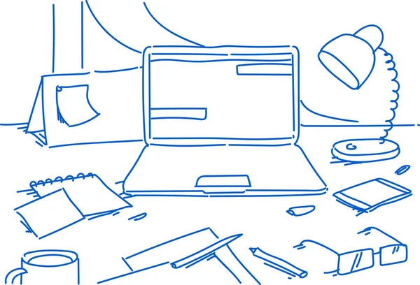 Kreatywne biuro dom pracy laptopa Lampa smartphone kalendarz okulary papier arkusz Uwaga stacjonarne biurko biznes elementy poziome szkic doodle — Wektor stockowy