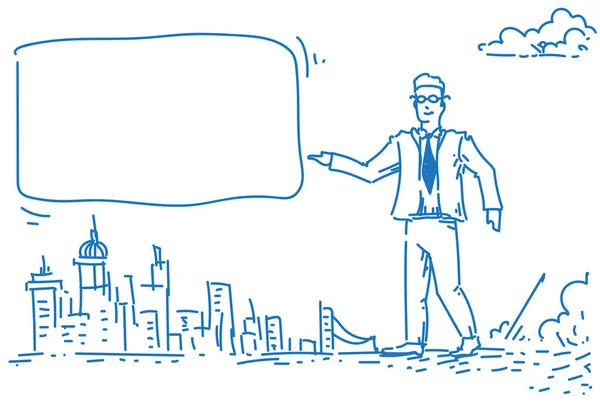 Empresário apontando conceito de publicidade placa vazia sobre cityscape fundo homem de negócios desenhado à mão espaço de cópia comprimento total esboço horizontal doodle — Vetor de Stock