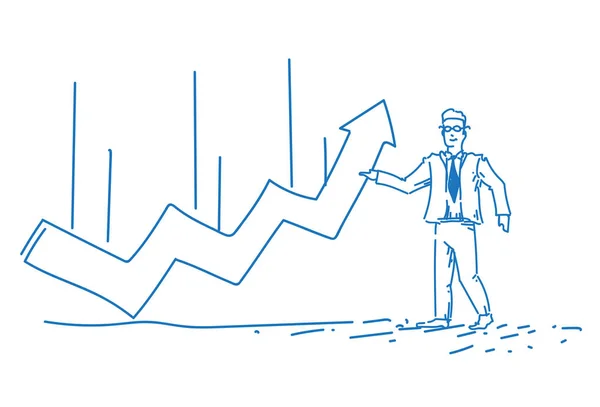 Empresário apontando linha curva flecha financeira até conceito comércio estatísticas consultor riqueza crescimento horizontal masculino esboço doodle mão desenhada silhueta — Vetor de Stock