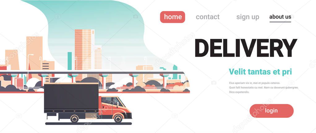Delivery van city shipping transportation service truck concept over cityscape background horizontal banner copy space flat