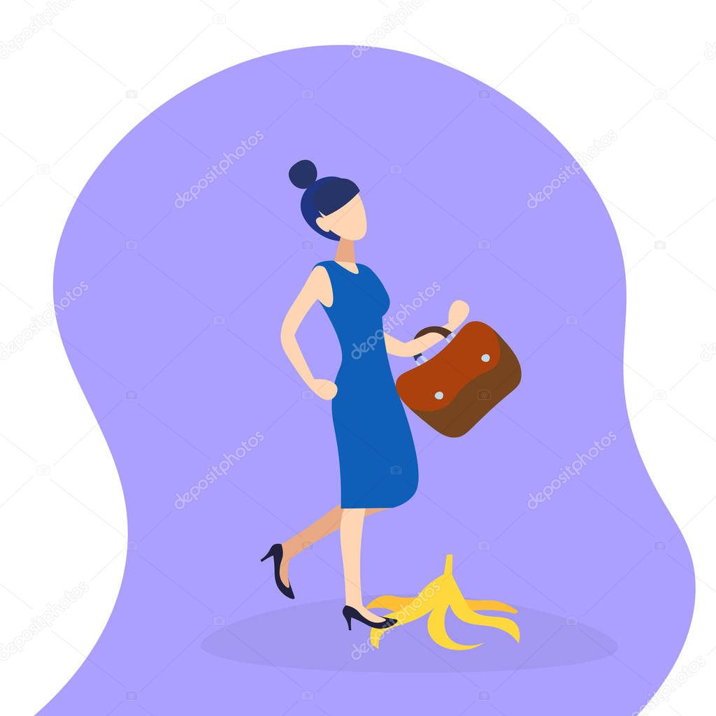 overworked business woman stepping on banana skin peel work accident concept hard working process female cartoon character flat full length