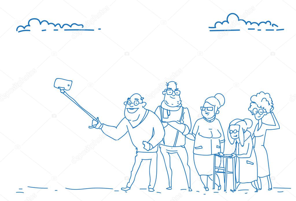 Group senior people taking selfie photo self stick grandfather grandmother old friends sketch doodle hand drawn horizontal