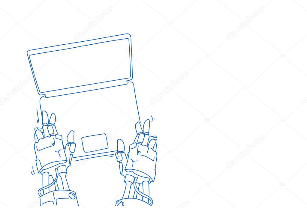 chat bot hands using laptop robot virtual assistance computer applications artificial intelligence concept sketch doodle horizontal isolated