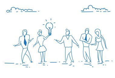 beyin fırtınası üreten yeni bir fikir ilham proje kroki doodle elle çizilmiş yatay ışık lamba yaratıcı yenilik başlangıç kavramı holding iş adamları takım