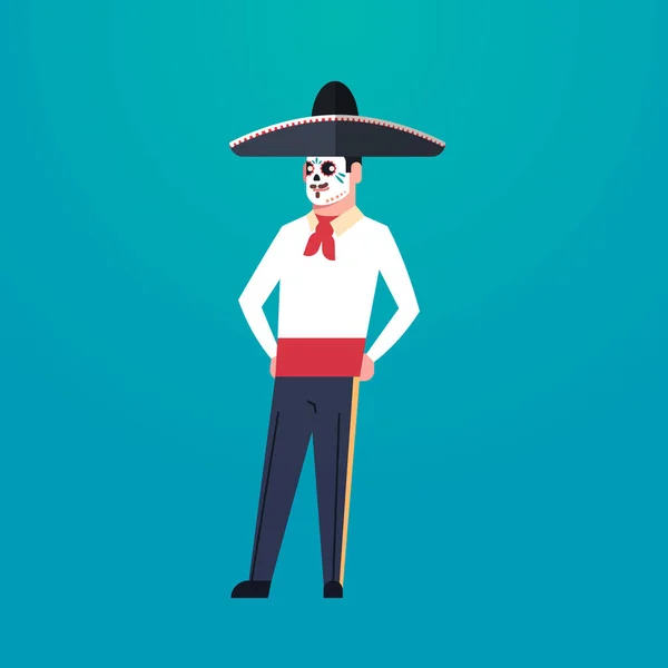 Jour de mort traditionnel mexicain Halloween homme portant des vêtements traditionnels squelette masque dia de los muertos fête de vacances personnage de bande dessinée mâle pleine longueur plat — Image vectorielle