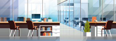 Ofis iç modern merkezi yaratıcı işyeri ortamı yatay banner boş çalışma alanı düz coworking