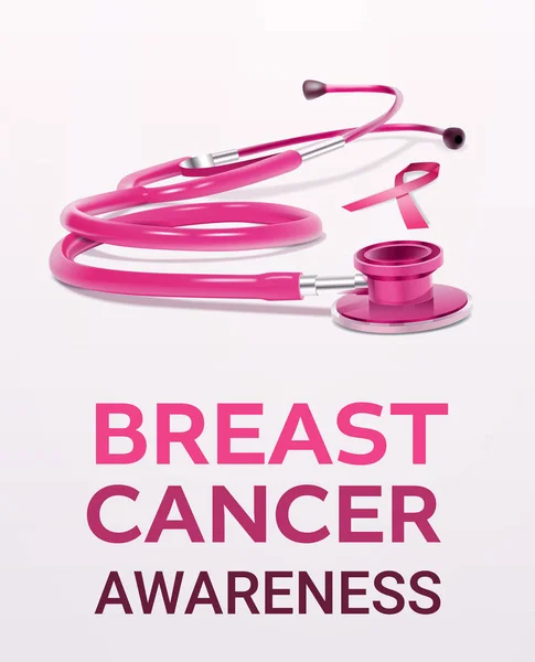 粉红色丝带听诊器图标乳腺癌意识现实医疗工具隔离垂直拷贝空间平面 — 图库矢量图片
