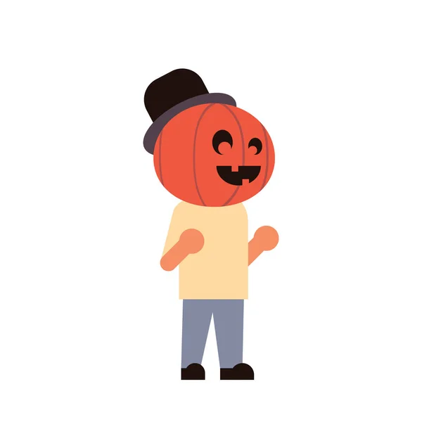 Милый мальчик носить костюм тыквы пугало счастливый Хэллоуин концепция вечеринки празднование изолированные плоские мультяшный персонаж изолированы всю длину — стоковый вектор