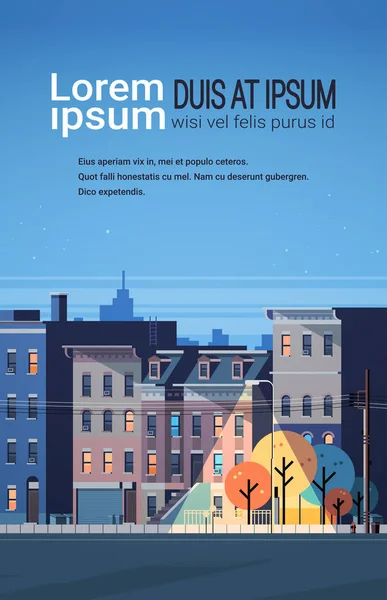 Cidade edifício casas noite vista skyline fundo imobiliário bonito cidade conceito vertical cópia espaço plano — Vetor de Stock
