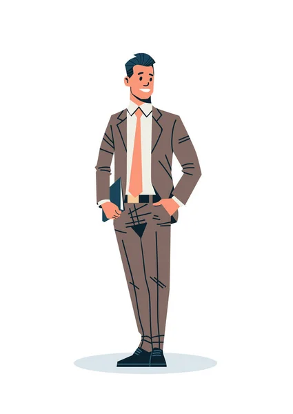 Biznesmen, posiadającym dokumenty folderu biznes człowiek office pracownik charakter kreskówka mężczyzna na białym tle płasko pełnej długości pionowej — Wektor stockowy
